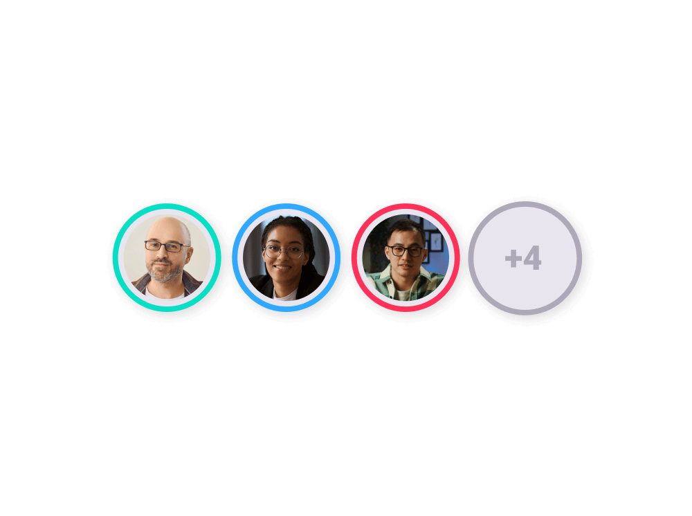 Profile pictures of three users with colored circles around them indicating online status, followed by an icon showing plus four more users. This image represents the See who is online feature in SuperViz for Matterport