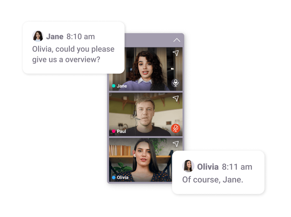 A video call interface using SuperViz for React Flow shows three participants: Jane, Paul, and Olivia. Jane is speaking and asking Olivia for an overview, as displayed in a chat bubble. Olivia's response is shown in another chat bubble. The interface includes options for muting and unmuting microphones